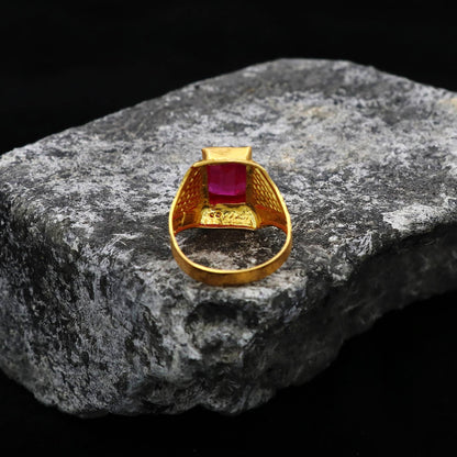 manmade ruby solid 22k gold ring, gold ring men women unisex,  handmade vintage one stone style ring,