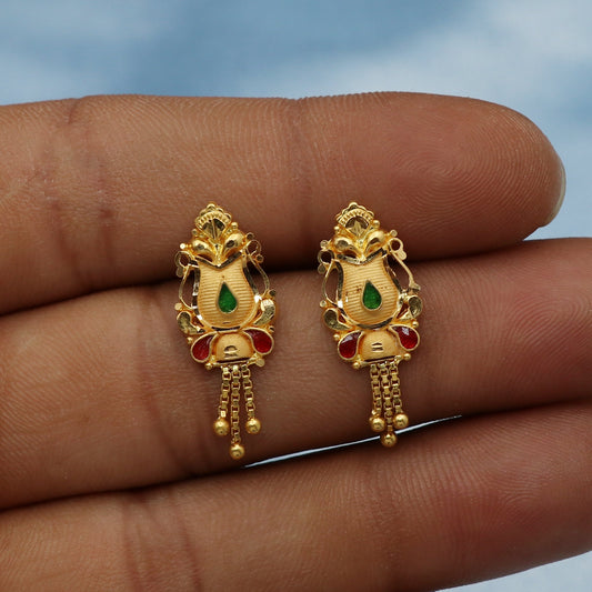 Dainty 22k Yellow Gold jhumki, Handmade Yellow gold earrings for women, vintage antique design indian gold earrings jewelry