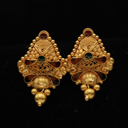 22k Yellow Gold Stud Earrings, Handmade Yellow gold earrings for women, vintage antique design Indian gold earrings jewelry