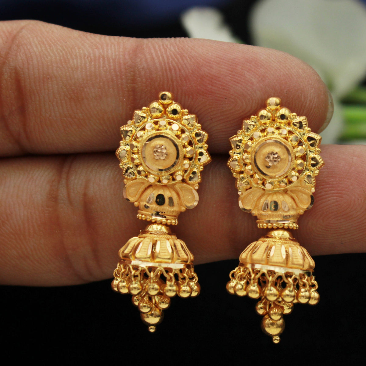 Humka 22k Yellow Gold Jhumka Earrings , handmade vintage Pure Traditional we ...