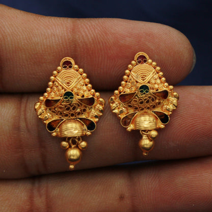 22k Yellow Gold Stud Earrings, Handmade Yellow gold earrings for women, vintage antique design Indian gold earrings jewelry