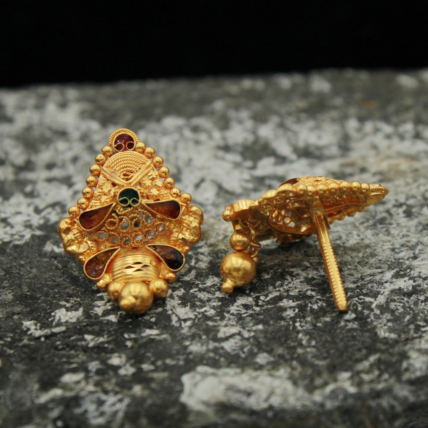 22k Yellow Gold Stud Earrings, Handmade Yellow gold earrings for women, vintage antique design Indian gold earrings jewelry