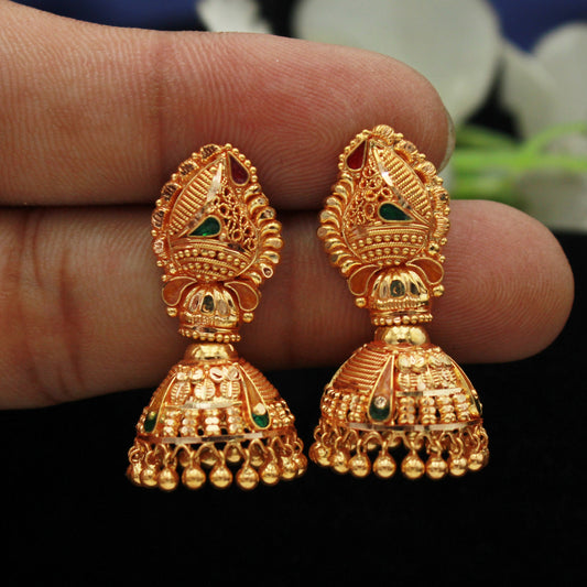 22k Yellow Gold Earrings Jhumka jewelry  , handmade vintage Pure Traditional design indian style WEDDING Dangle Jhumki Earrings Chandelier
