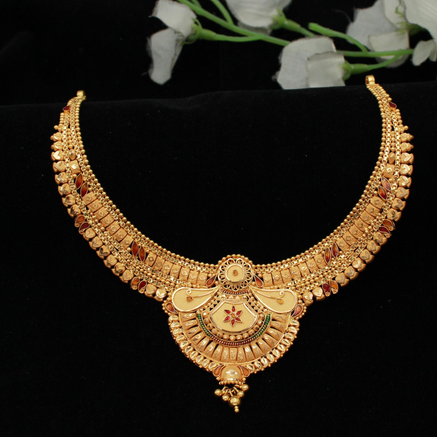 Indian Wedding Pure Gold Necklace Set, 22k Yellow Gold Necklace with Jhumki Designer Handmade Jewelry, Artisan Jewelry