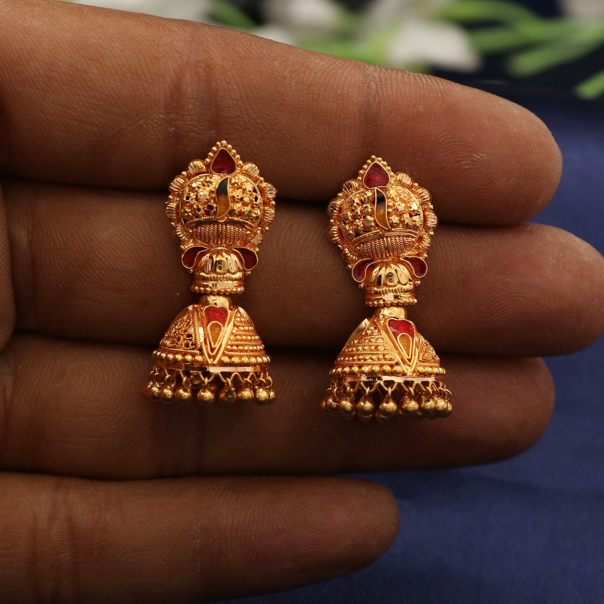 22 k fine gold earrings Jhumki Jhumka chandelier, handmade gold