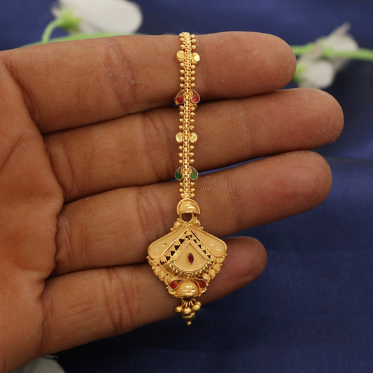 Headwear tikka 22k Yellow Gold mang tikka Jewelry , Handmade Yellow gold Borla for women, Handmade design indian gold Head Jewelry