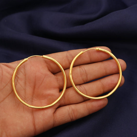 big 22k Yellow Gold Hoop Bali Earrings, Handmade Yellow gold earrings for women, Valentine Day gift, plaint design indian gold earrings