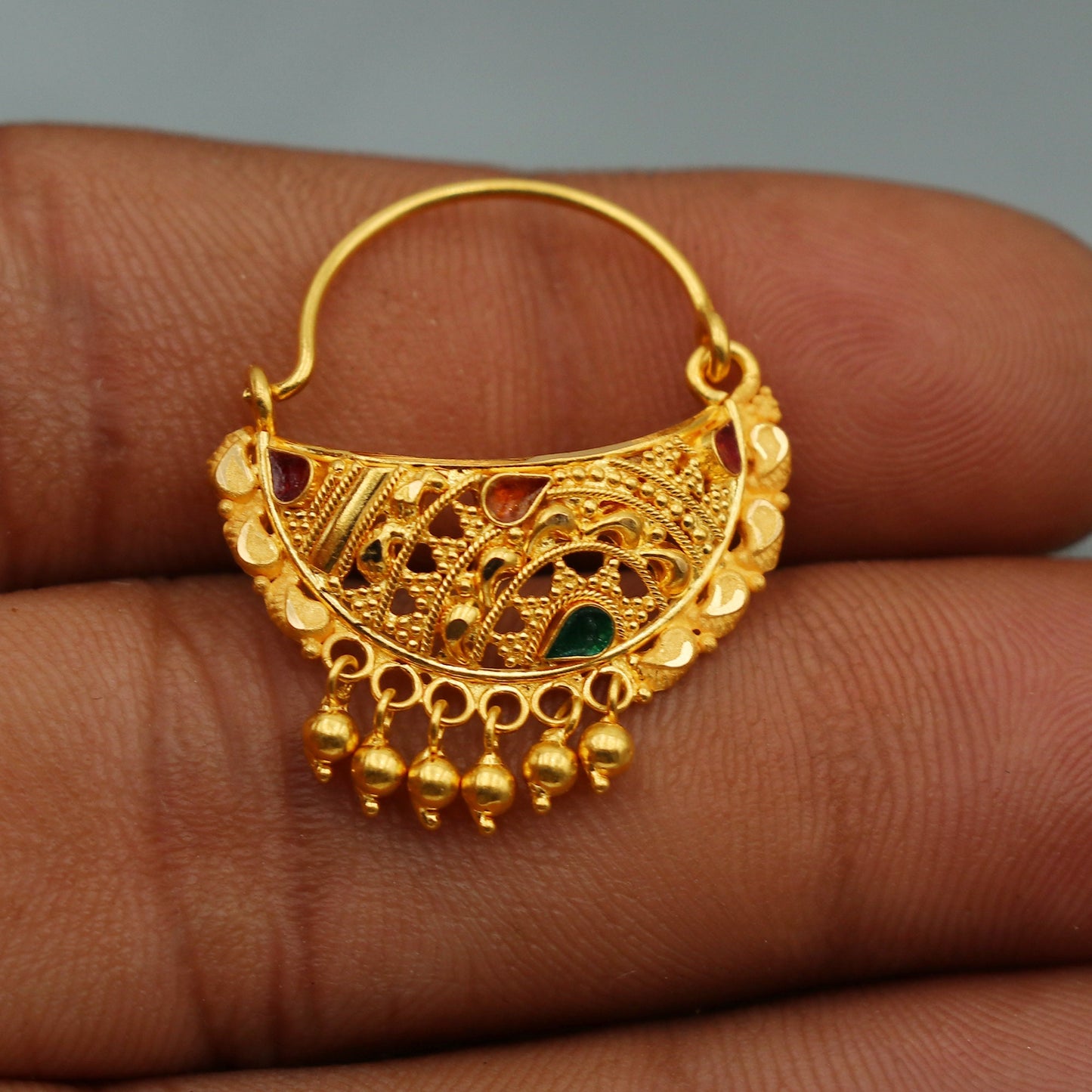 real solid gold 22k gold Nose ring, handcrafted gold nose nath ring, bridal nath women indian Jewelry, K2505