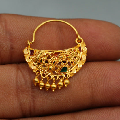 real solid gold 22k gold Nose ring, handcrafted gold nose nath ring, bridal nath women indian Jewelry, K2505