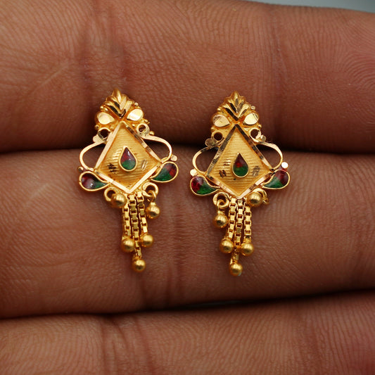22k Yellow Gold Dangle Earrings: Handmade Indian Bell Studs