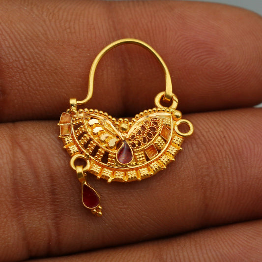 22k Yellow Gold Nath Nose pin women indian Jewelry, Gold hoop earrings, K2504
