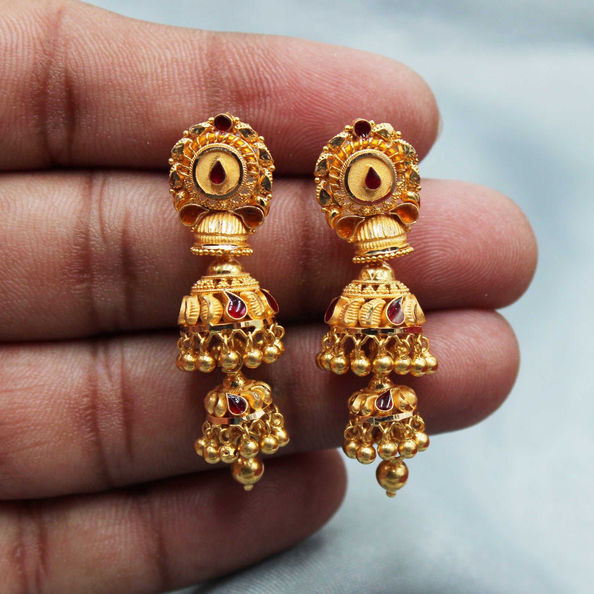 22k Yellow Gold Earrings dangle Jhumka Earring Indian Jewelry, 22k