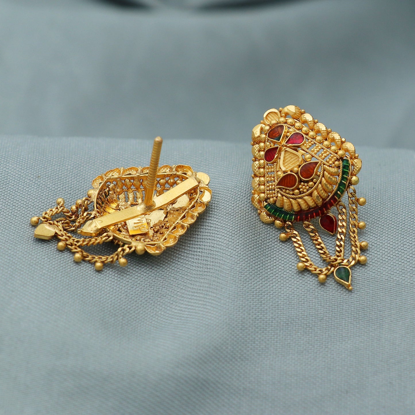 solid 22k gold earrings chain handcrafted jewellery, Handmade Yellow gold earrings for women, dangling chain indian gold earrings jewelry,