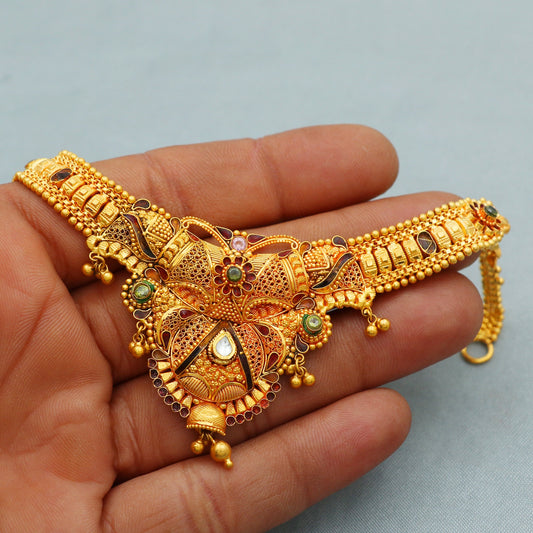 22k Yellow Gold Necklace , Indian Gold Set, Indian Gold Jewelry, Traditional Rajasthani Pure Gold Handmade design