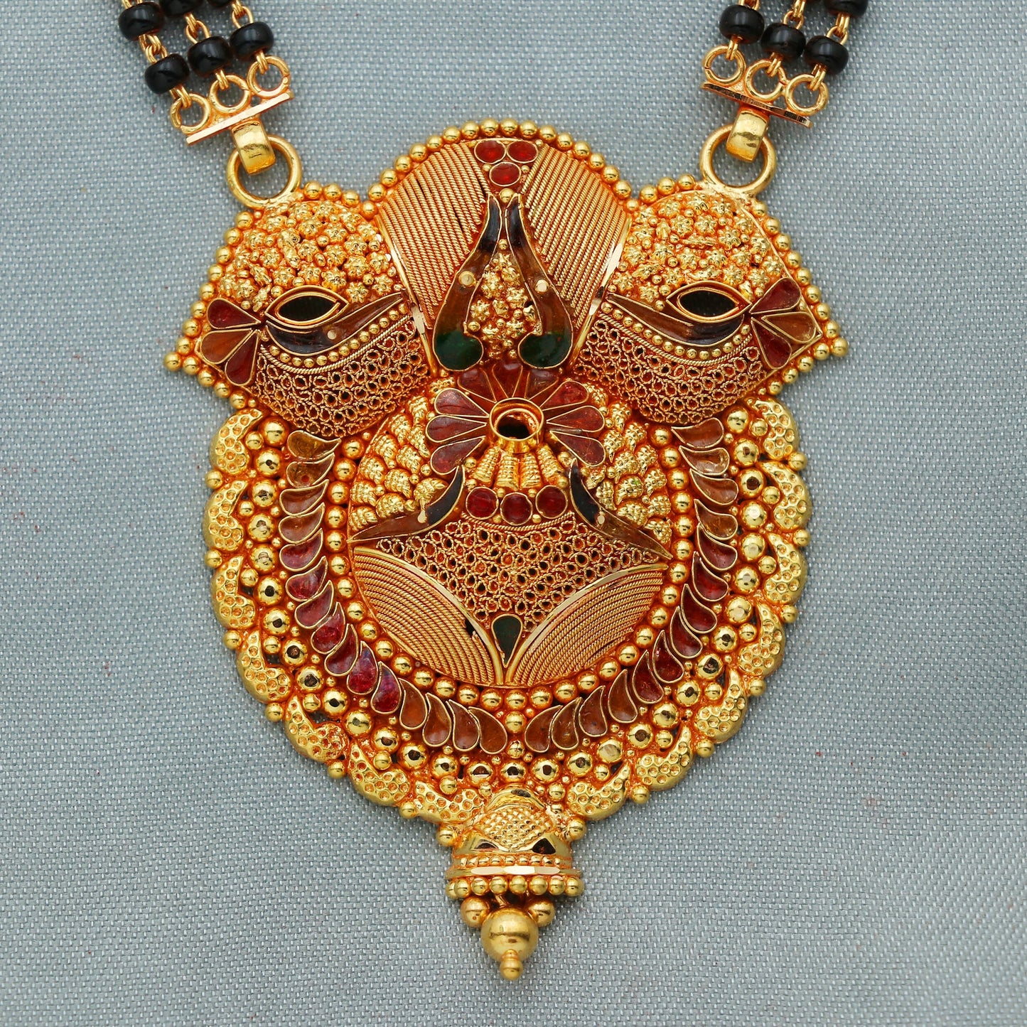 Heavy Wedding Wife Mangalsutra Necklace, 22k Gold Gift for Wife, Designer 22k Gold Pendant and Hand Crafted Black Beads Chain in 22k,