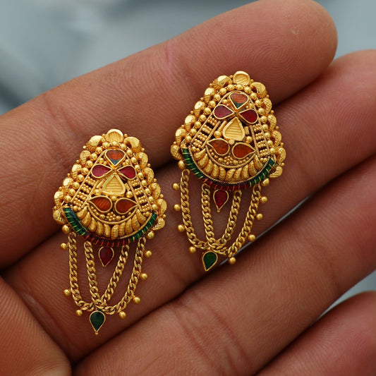 solid 22k gold earrings chain handcrafted jewellery, Handmade Yellow gold earrings for women, dangling chain indian gold earrings jewelry,