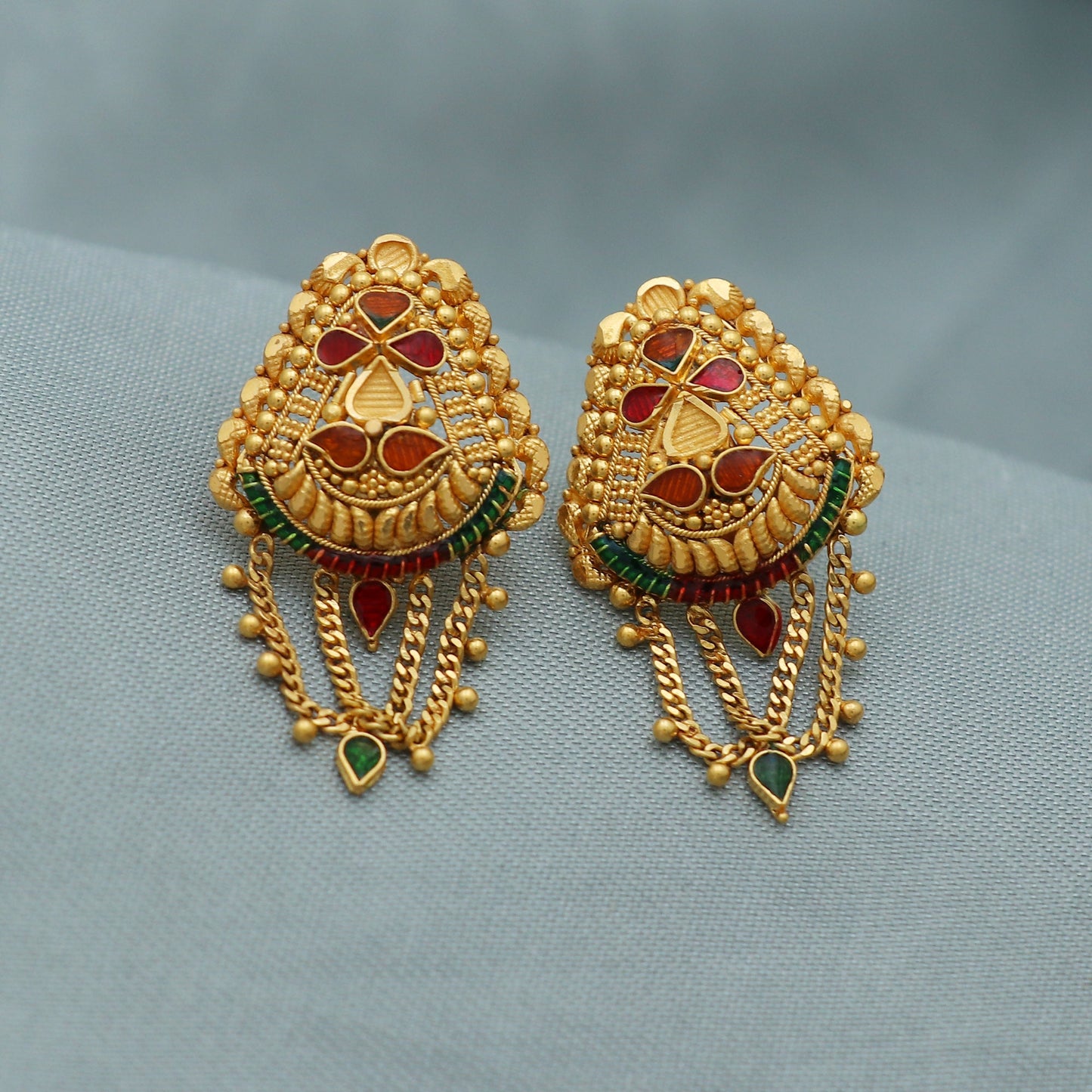 solid 22k gold earrings chain handcrafted jewellery, Handmade Yellow gold earrings for women, dangling chain indian gold earrings jewelry,