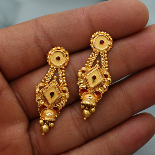 22k Yellow Gold Stud Earrings , Handmade Yellow gold earrings for women, vintage antique design indian gold earrings jewelry, Gift for Women