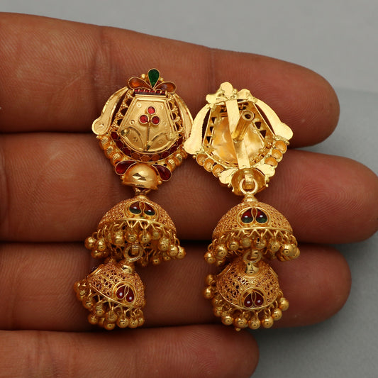 22kt 22k Yellow Gold Earrings Jhumka Jhumki jewelry, handmade wedding indian Wedding Earrings Chandelier