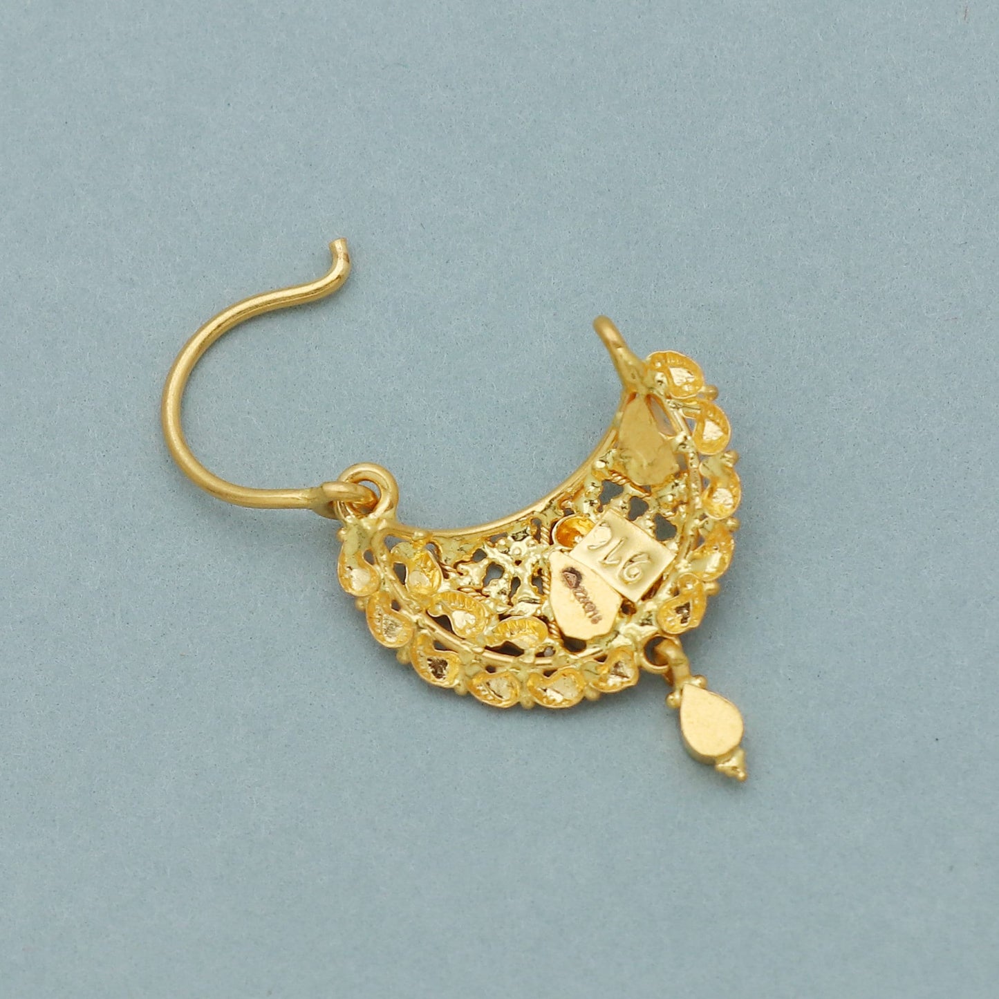 22k Yellow Gold Hoop Nose Ring Nath, Handmade big Yellow gold earrings for women, Valentine Day gift, star design indian gold earrings