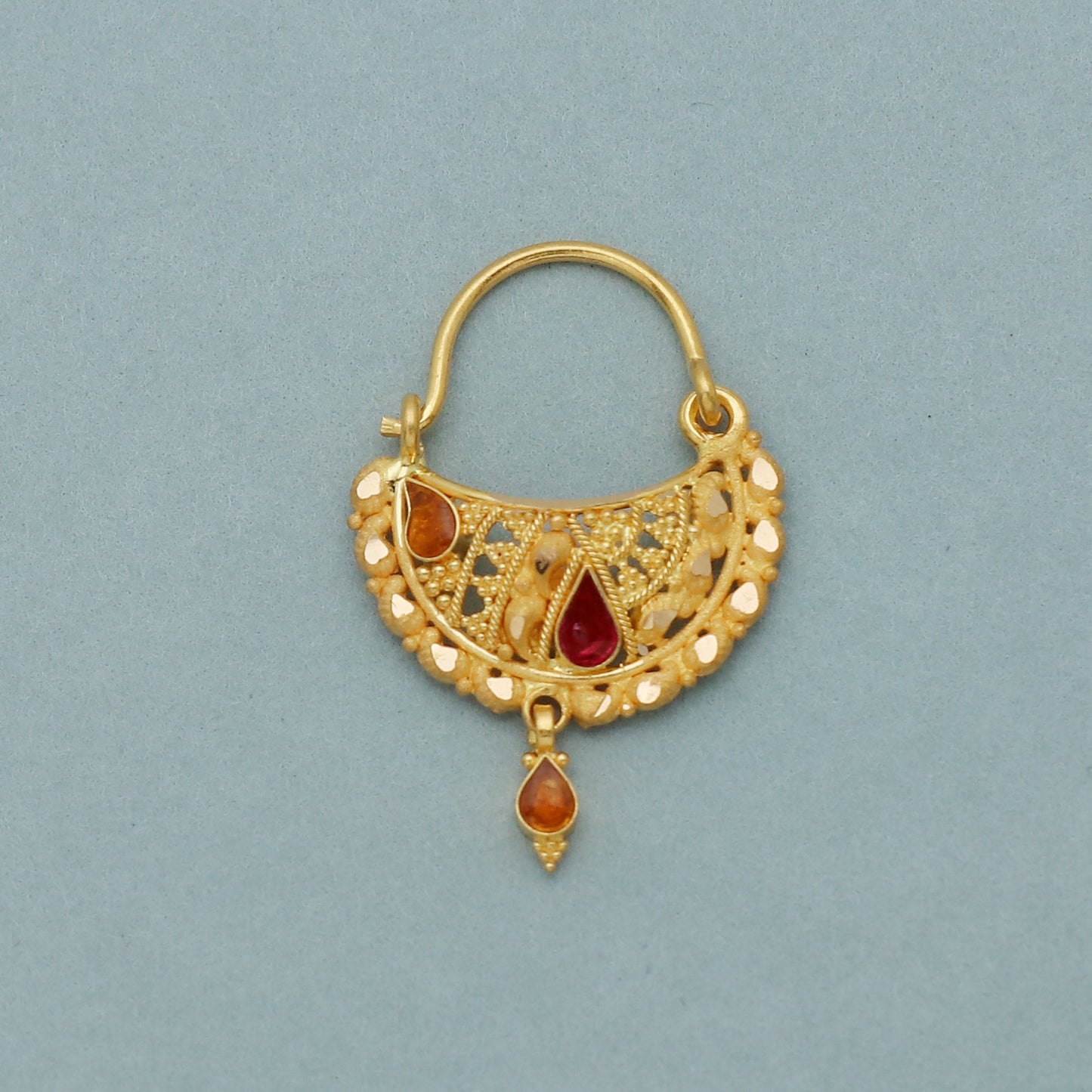 22k Yellow Gold Hoop Nose Ring Nath, Handmade big Yellow gold earrings for women, Valentine Day gift, star design indian gold earrings