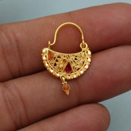 22k Yellow Gold Hoop Nose Ring Nath, Handmade big Yellow gold earrings for women, Valentine Day gift, star design indian gold earrings