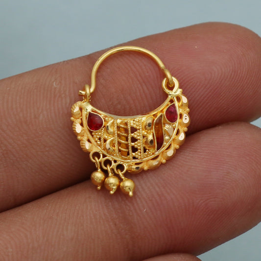 22kt gold nose ring nath, indian gold earrings, solid nose ring jewelry for gift