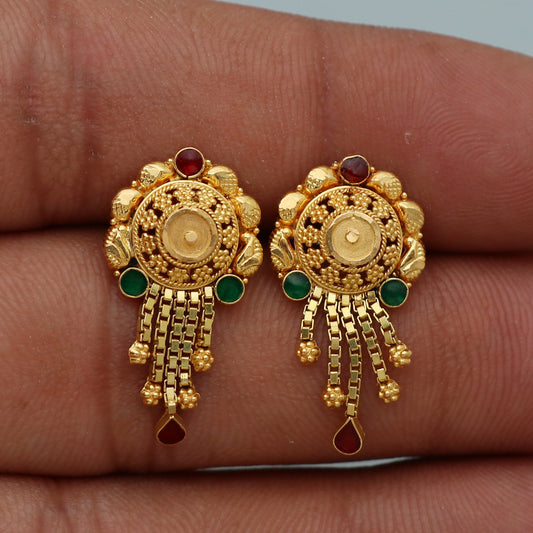 22k Yellow Gold Earrings, Handmade Yellow gold chain earrings for women, Valentine Day gift, enamel work indian gold earrings, K3117