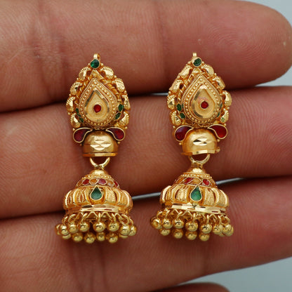 22k Gold Earrings Jhumka jewelry , handmade vintage Pure Traditional wedding indian style WEDDING Dangle Jhumki Earrings Chandelier
