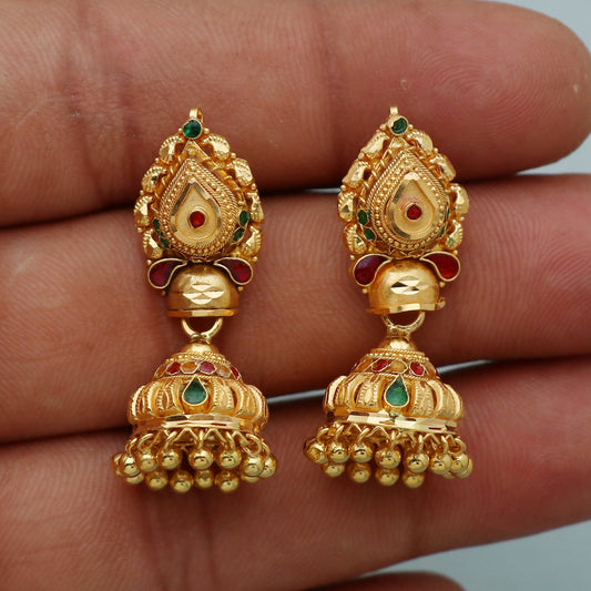 22k Gold Earrings Jhumka jewelry , handmade vintage Pure Traditional wedding indian style WEDDING Dangle Jhumki Earrings Chandelier