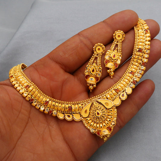 22k Yellow Gold Necklace Set, Indian Gold Set, Indian Gold Jewelry, Bridal Necklace, Traditional Rajasthani Pure Gold Handmade design
