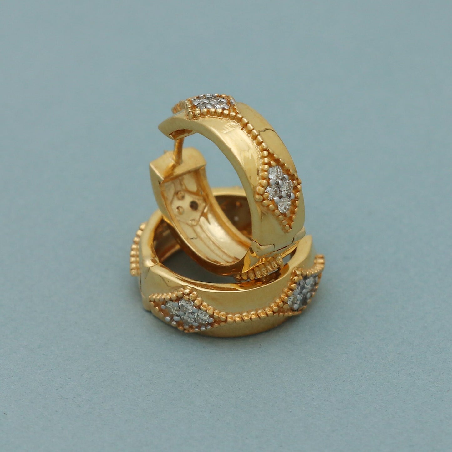 18k Yellow Gold diamond thick Hoop Earrings Huggies, Handmade Yellow gold hoop earrings, Diamond Earrings, indian gold earrings