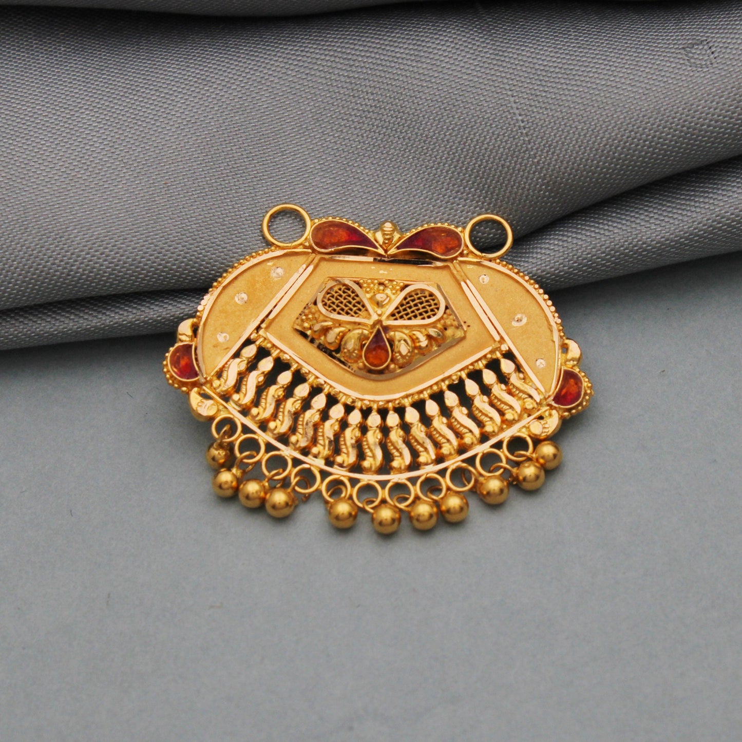22k yellow gold big pendant mangalsutra necklace with small dangling dropping beads, string cord tassel thread available