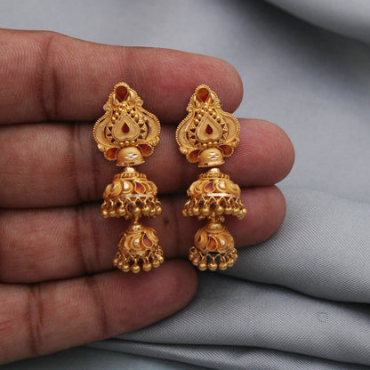 22k gold chandelier dangle earrings, handmade vintage antique design indian gold earring jewelry, jhumka earrings