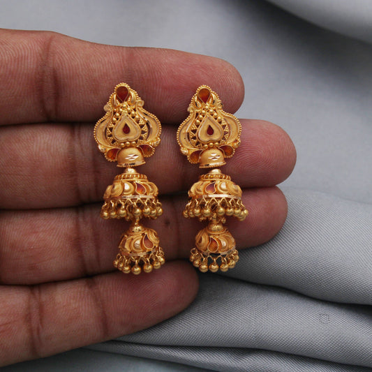 22k gold chandelier dangle earrings, handmade vintage antique design indian gold earring jewelry, jhumka earrings
