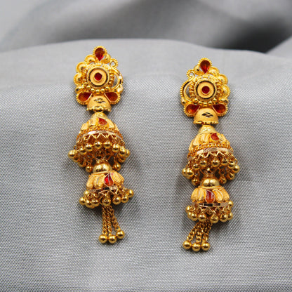 22k Yellow Gold Jhumka Earrings , Handmade Vintage Pure Traditional Indian WEDDING Dangle Earrings Dangle stud jewelry, K3654