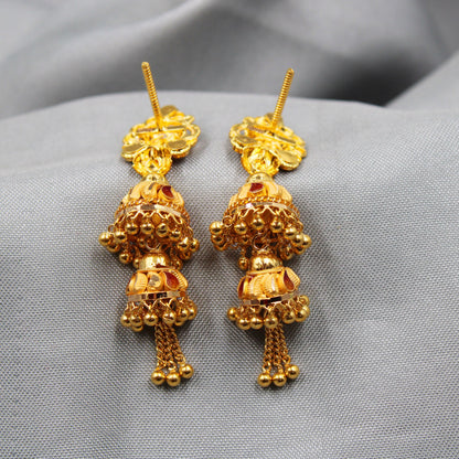 22k Yellow Gold Jhumka Earrings , Handmade Vintage Pure Traditional Indian WEDDING Dangle Earrings Dangle stud jewelry, K3654