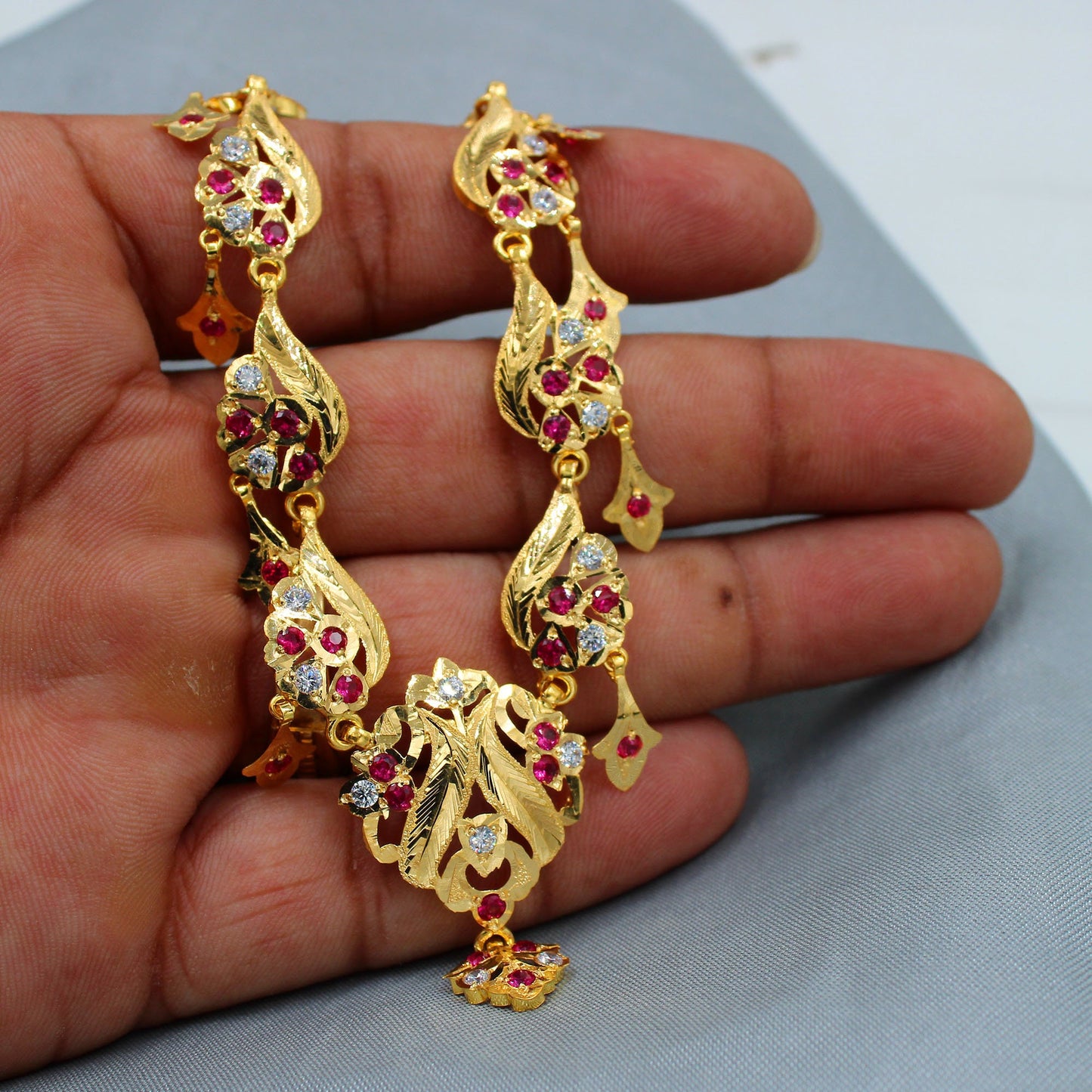 22k gold Red ruby zircon stone Gold Chain Necklace Indian Handmade Jewelry for Gift