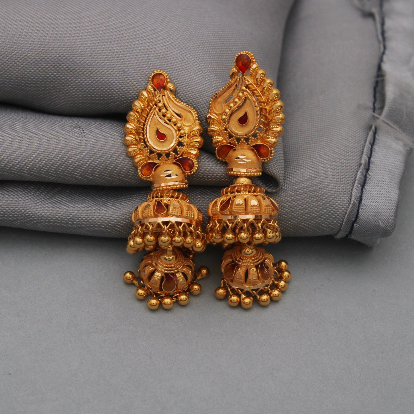 Jhumka 22k Yellow Gold Dangle Earrings, 22kt gold Handmade Yellow gold earrings for women, big chandelier double jhumki, indian style