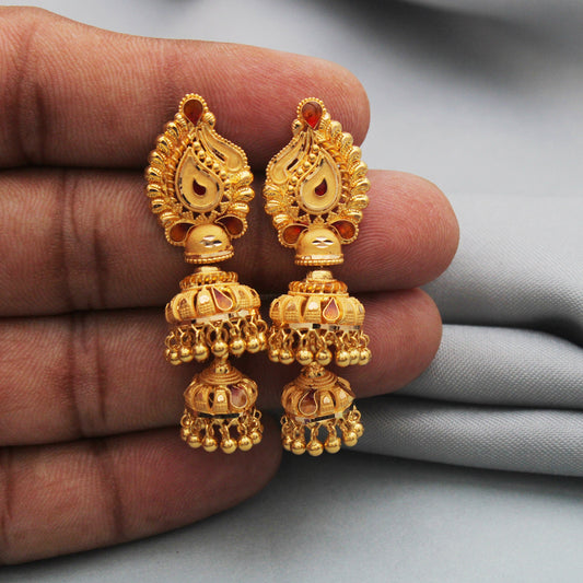 Jhumka 22k Yellow Gold Dangle Earrings, 22kt gold Handmade Yellow gold earrings for women, big chandelier double jhumki, indian style
