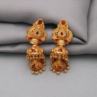 22k gold chandelier dangle earrings, handmade vintage antique design indian gold earring jewelry, jhumka earrings