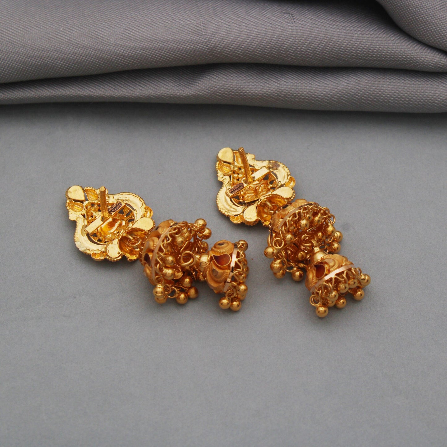 22k gold chandelier dangle earrings, handmade vintage antique design indian gold earring jewelry, jhumka earrings