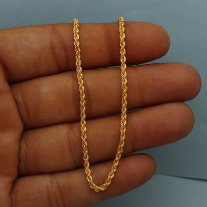 Rope Style 22k Yellow Gold Chain Necklace Gift , all sizes, 22k karat 22kt 22ct Indian Gold Handmade chain necklace Jewelry for gift,