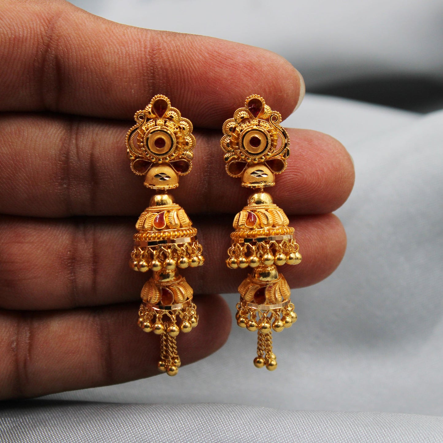22k Yellow Gold Jhumka Earrings , Handmade Vintage Pure Traditional Indian WEDDING Dangle Earrings Dangle stud jewelry, K3654