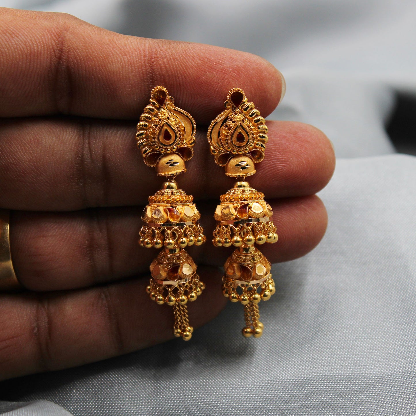 22k Yellow Gold Jhumka Earrings , Handmade Vintage Pure Traditional Indian WEDDING Dangle Earrings Dangle stud jewelry, K3656