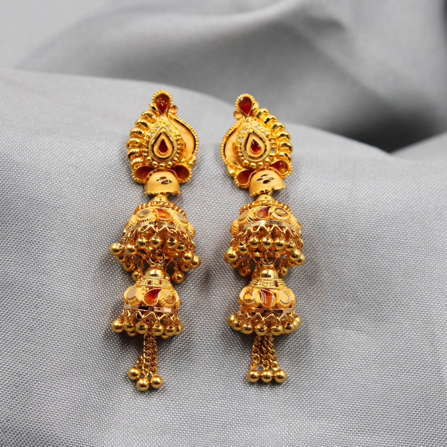 22k Yellow Gold Jhumka Earrings , Handmade Vintage Pure Traditional Indian WEDDING Dangle Earrings Dangle stud jewelry, K3656