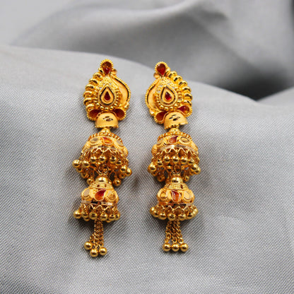 22k Yellow Gold Jhumka Earrings , Handmade Vintage Pure Traditional Indian WEDDING Dangle Earrings Dangle stud jewelry, K3656