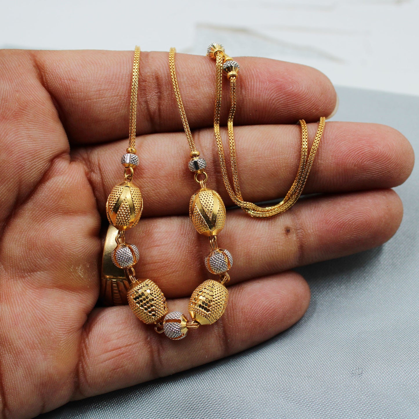Pure 22k Yellow Gold Chain Necklace For women Anniversary Wedding Gift , Indian Gold Handmade necklace Jewelry, big gold beads dholki style