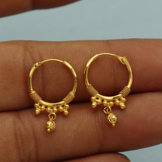 20k Gold Earrings Hoop Bali Earrings with SMALL DANGLING BEADS for Women, Small Diamond cut Beads wire wrapped earrings for women