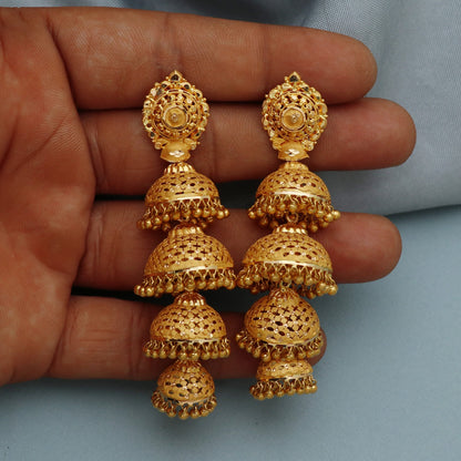Big 22k Yellow Gold Earrings jewelry , handmade vintage Pure Traditional wedding indian style WEDDING Dangle Jhumki Earrings Chandelier